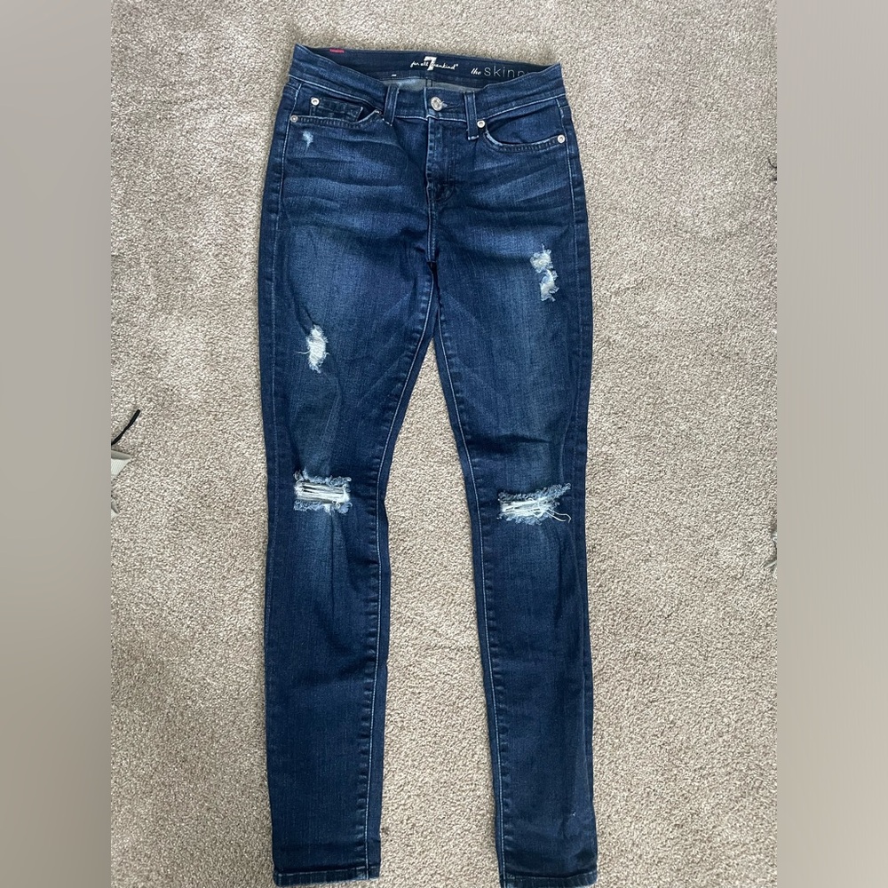 7 for all mankind ripped dark wash skinny jeans